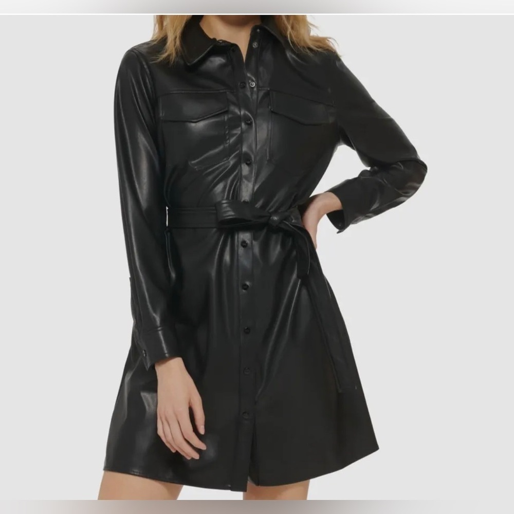 Dkny Women's Black Faux Leather Snap Closure Jacket Dress Size M dark academia